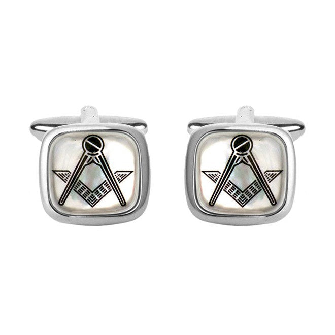 Masonic Mother of Pearl Cushion Rhodium Cufflinks - Leonard Silver - front view of pair