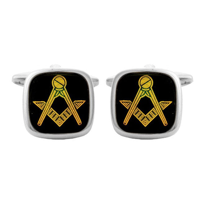Masonic Square And Compasses Onyx Cufflinks - Leonard Silver - front view of both cufflinks
