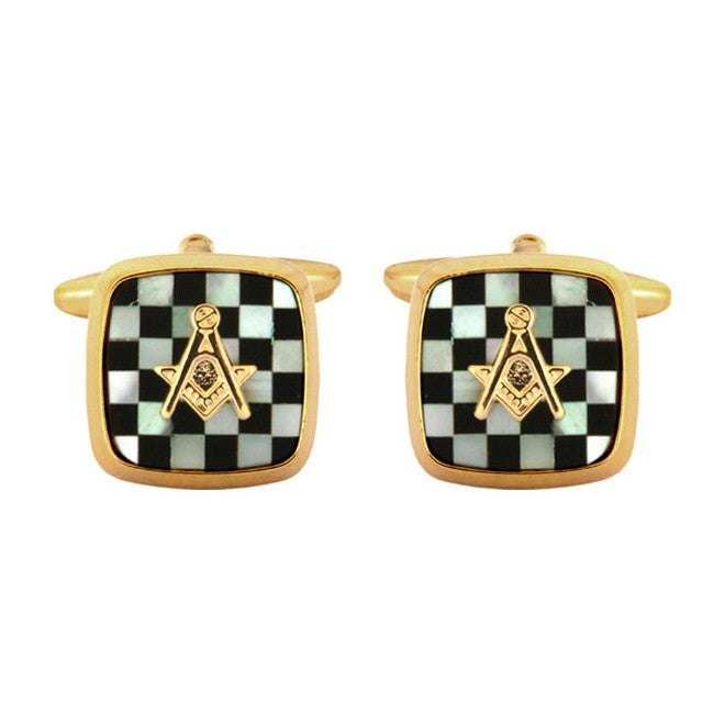 Masonic Mother Of Pearl & Onyx Gold Plated Cufflinks - Leonard Silver - front pair
