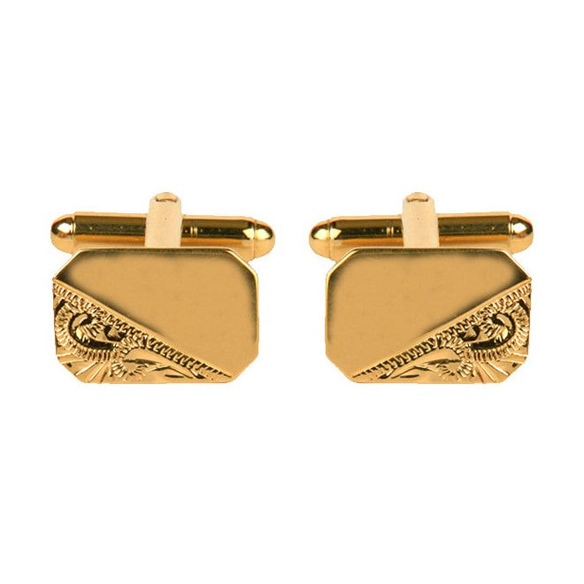 Gold Plated Cut Corner Engraved Rectangle Cufflinks - Leonard Silver - front view of pair