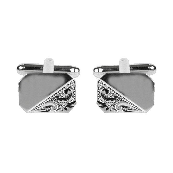 Rhodium Plated Cut Corner Engraved Cufflinks - Leonard Silver - front view of pair