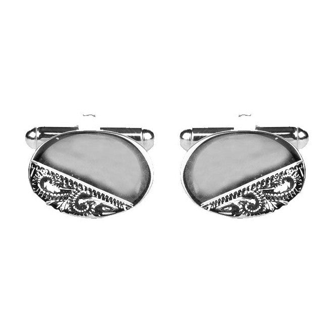 Rhodium Oval Cufflinks With Engraved Third - Leonard Silver - front view of the pair