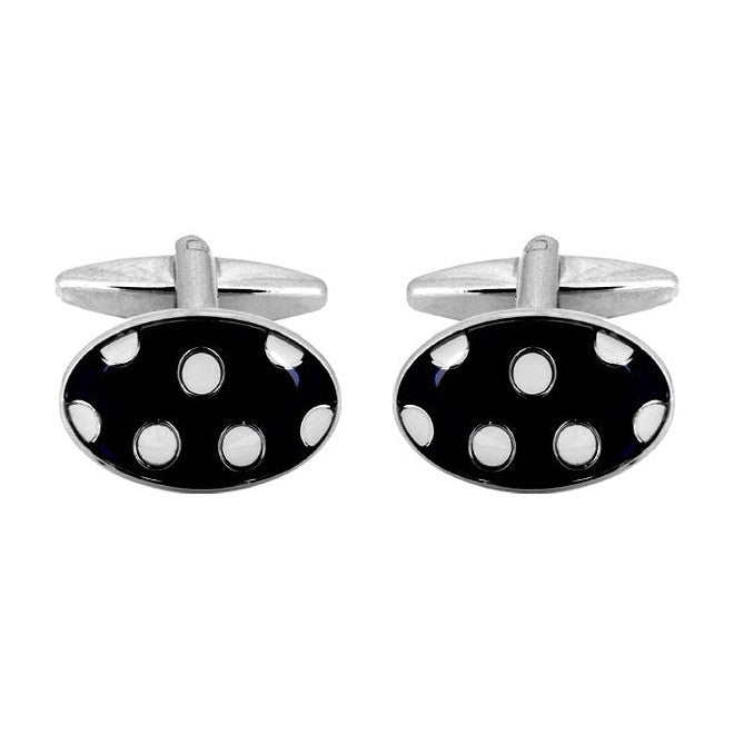 White Dots on Blue Enamel Oval Cufflinks - Leonard Silver - front view of pair