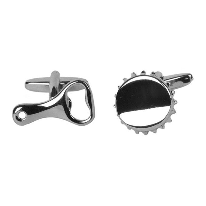 Bottle Opener and Crown Cap Cufflinks - Leonard Silver - pair shown front on
