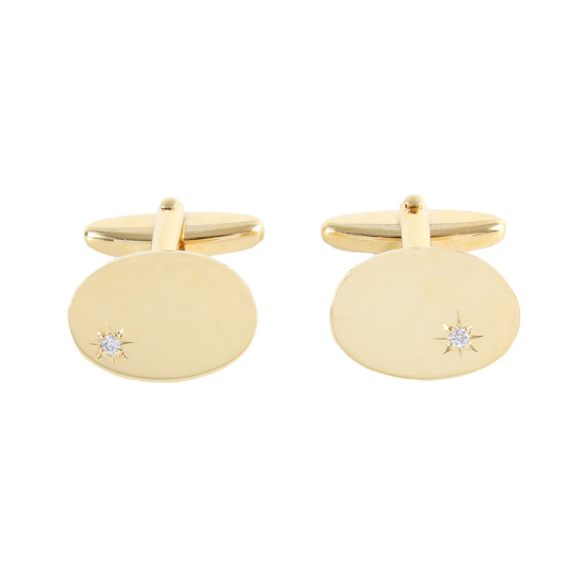 Gold Tone Oval Star Set Cubic Zirconia Cufflinks - Leonard Silver - front and bar back