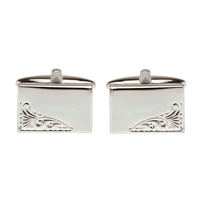 Rhodium Plated Rectangular Leaf Engraved Cufflinks - Leonard Silver - front view of pair