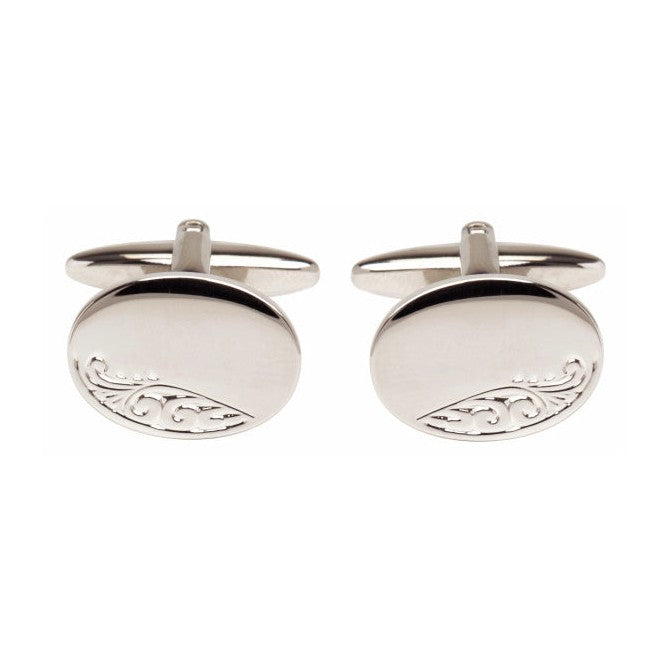 Oval Leaf Engraved Rhodium Plated Cufflinks - Leonard Silver - front view of pair
