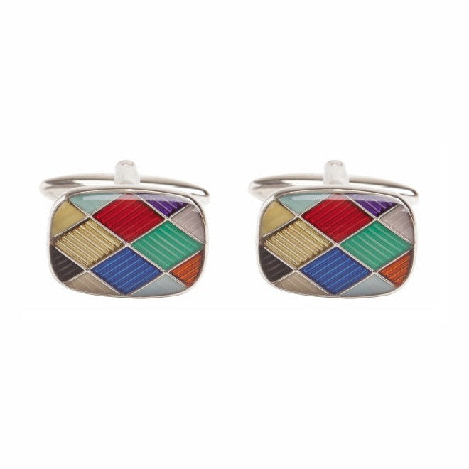 Harlequin Enamel Rhodium Plated Cufflinks - Leonard Silver - pair, front view