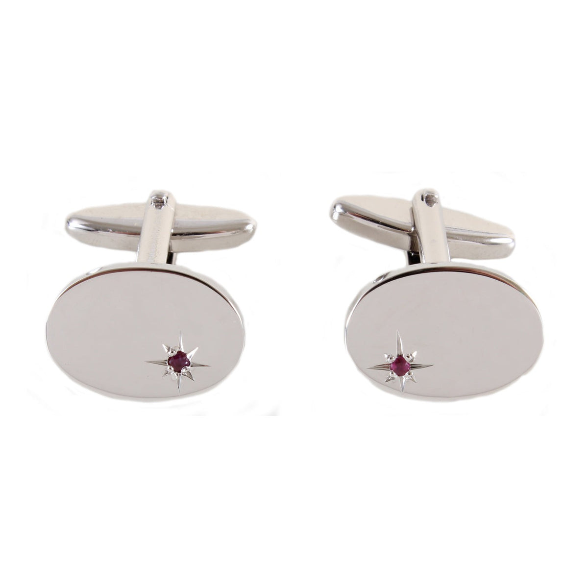 Oval Ruby Star Set Silver Plated Cufflinks - Leonard Silver - front view of pair