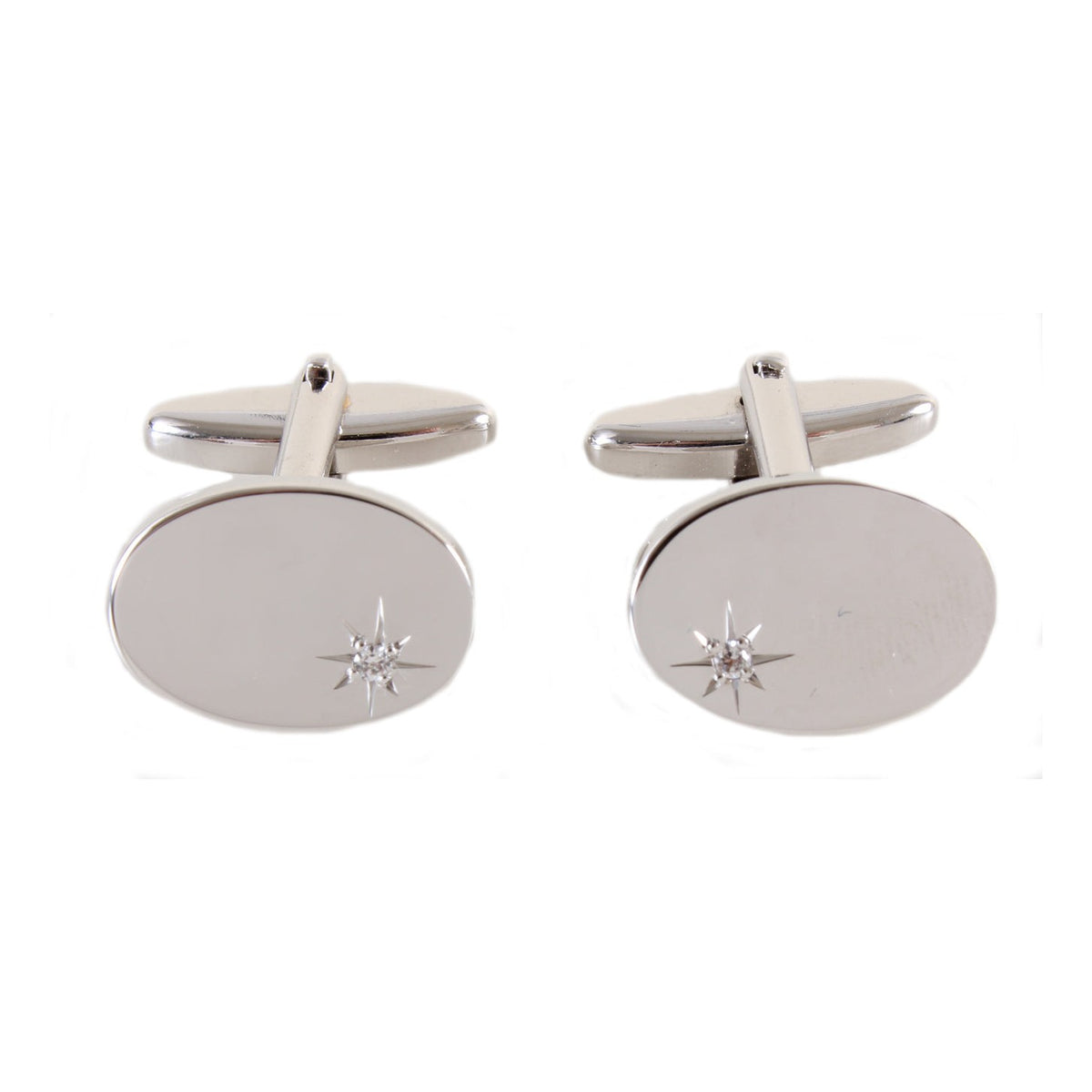 Oval Cubic Zirconia Silver Plated Cufflinks - Leonard Silver - pair shown front with swivel bar fittings