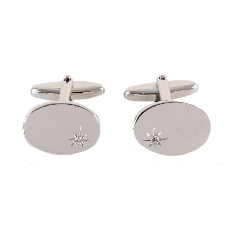 Oval Cubic Zirconia Silver Plated Cufflinks - Leonard Silver - pair shown front with swivel bar fittings