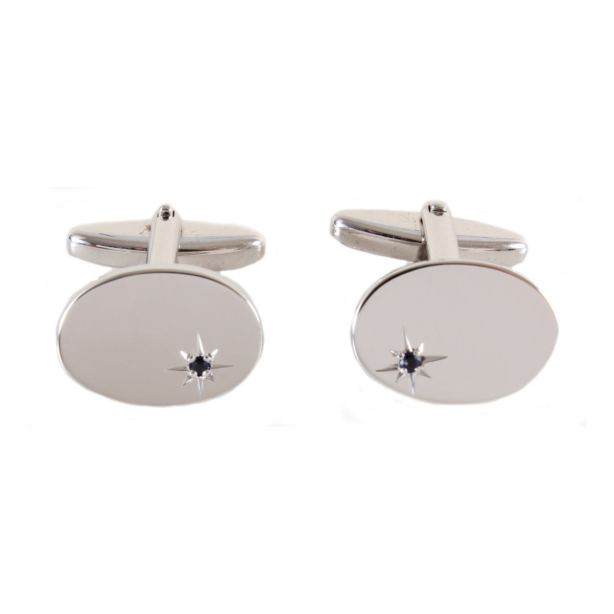 Oval Sapphire Star Set Silver Plated Cufflinks - Leonard Silver - pair, front view with swivel bars