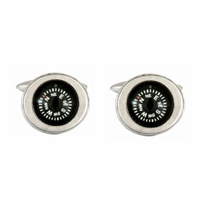 Working Compass Cufflinks - Leonard Silver - pair, front view of black compass dials