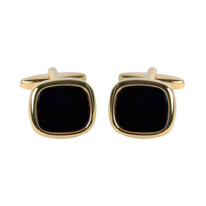 Onyx Large Cushion Cufflinks in Gold Tone - Leonard Silver - front view of pair