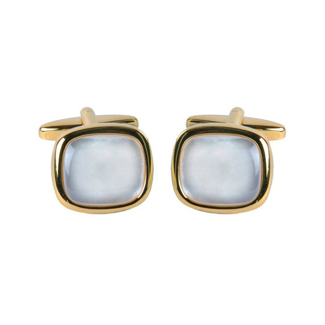 Mother Of Pearl Large Cushion Gold Plated Cufflinks - Leonard Silver - front view of pair