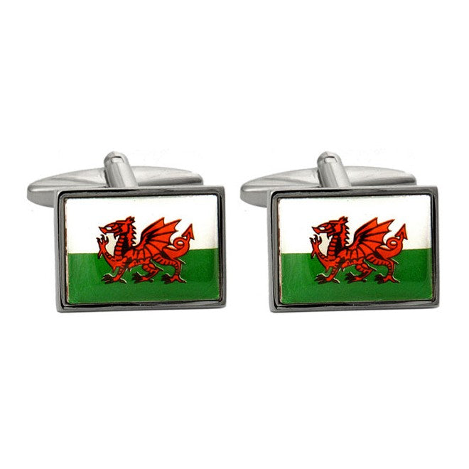 Welsh Flag Red Dragon Cufflinks - Leonard Silver - pair, front view