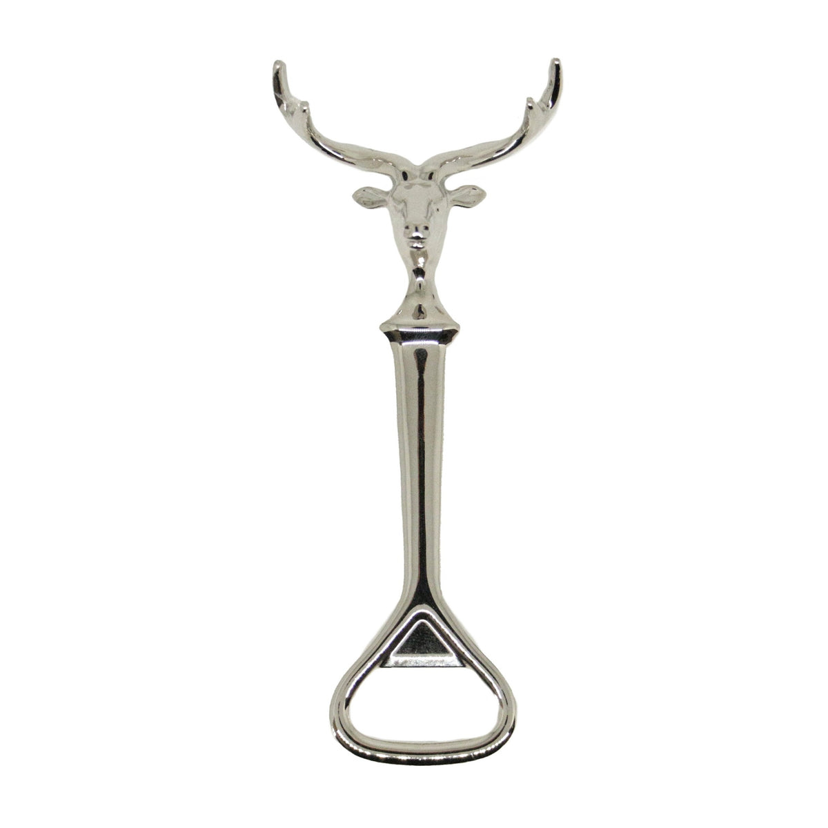 Stag Head Beer Bottle Opener - Leonard Silver - front view of stag's head handle and opener