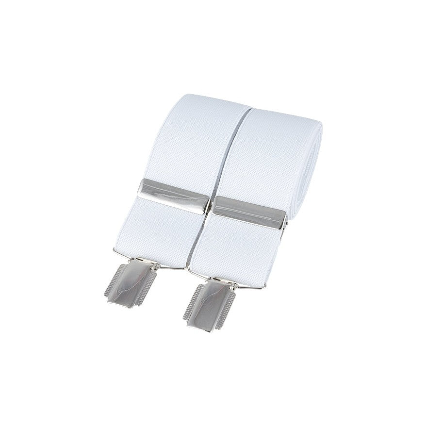 White 35mm Silver Clip Braces, British Made - Leonard Silver - rolled, showing clips