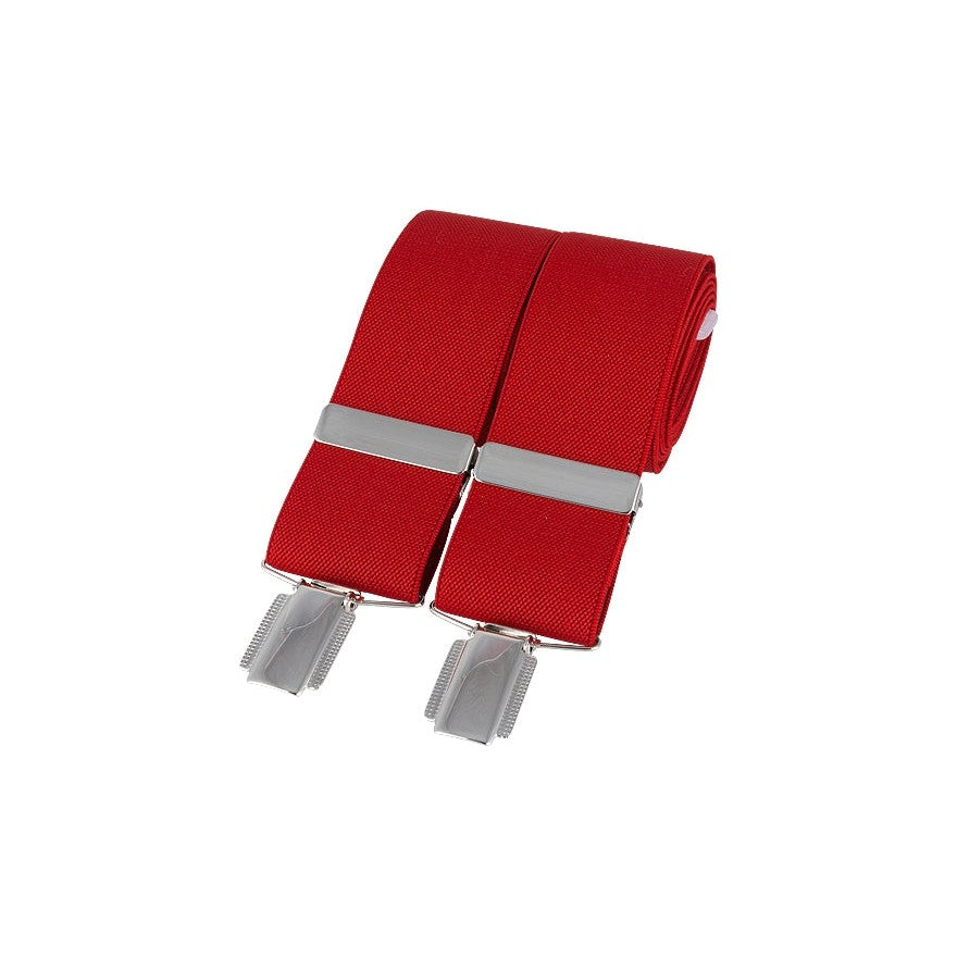 Red Plain 35mm Silver Clip Braces - Leonard Silver - rolled, showing clips