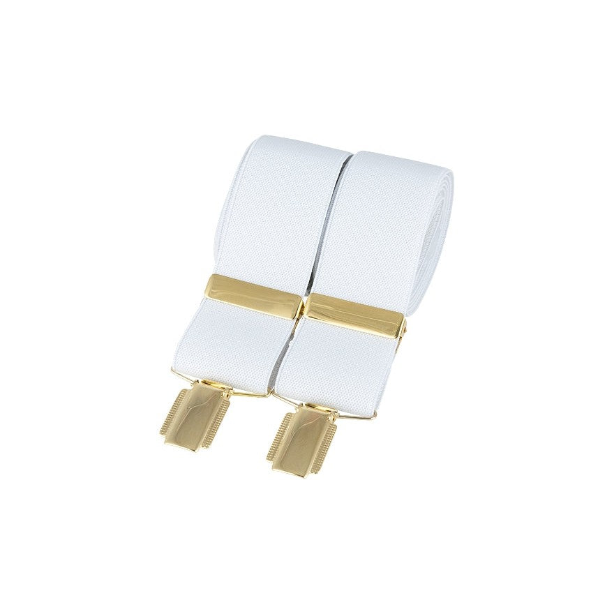 White 35mm Gold Clip Braces, British Made - Leonard Silver - rolled, showing gold clips