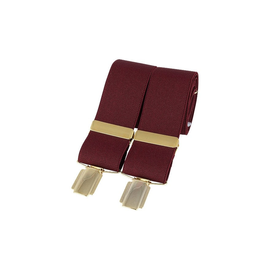 Burgundy 35mm Gold Clip Braces, British Made - Leonard Silver - rolled, showing clips and adjusters