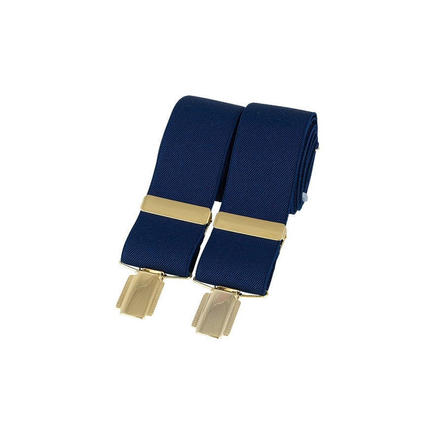 Navy Blue 35mm Gold Clip Braces, British Made - Leonard Silver - rolled, showing gold clips and adjusters