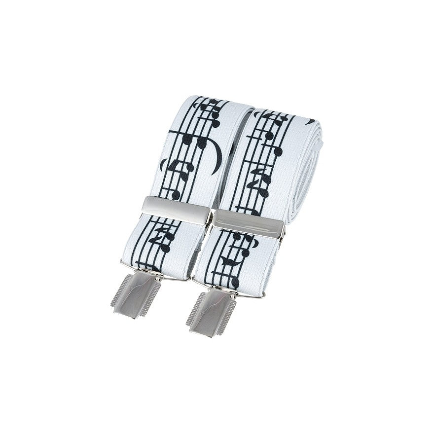 Music Notes White 35mm Silver Clip Braces - Leonard Silver - rolled, showing clips and print