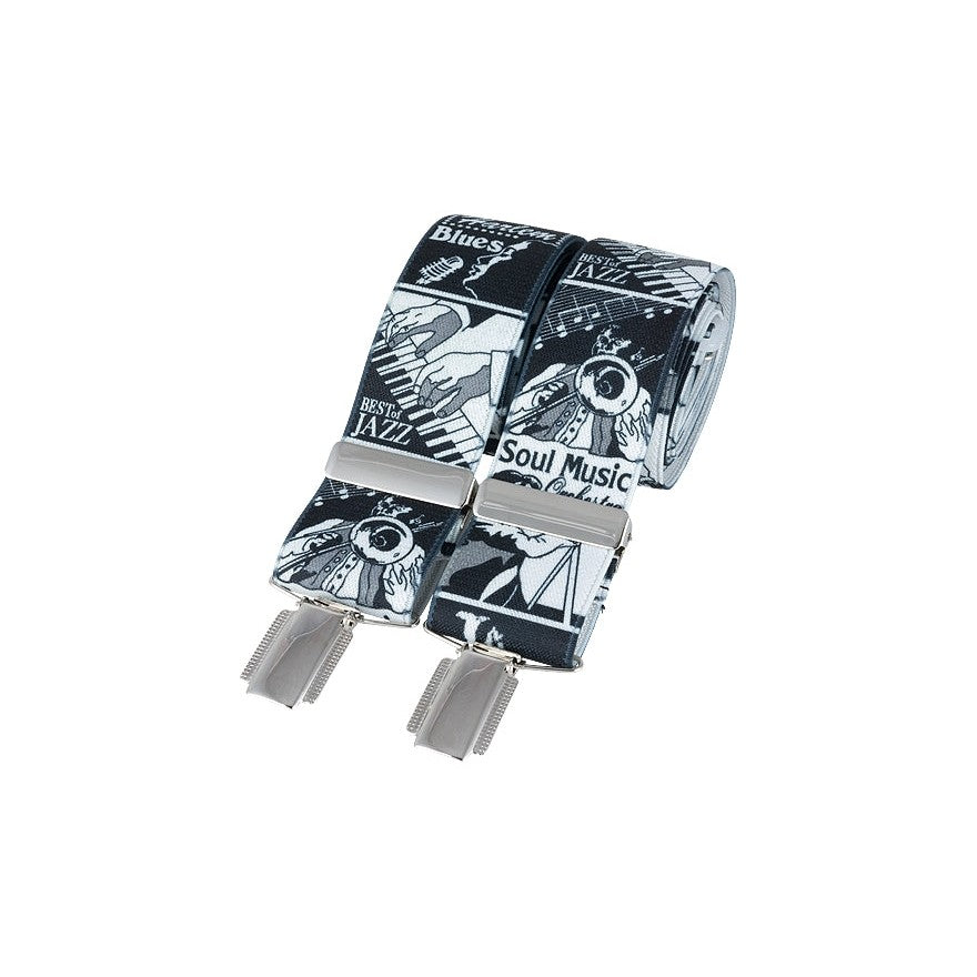 Jazz Music Print 35mm Silver Clip Braces - Leonard Silver - rolled, showing print and clips