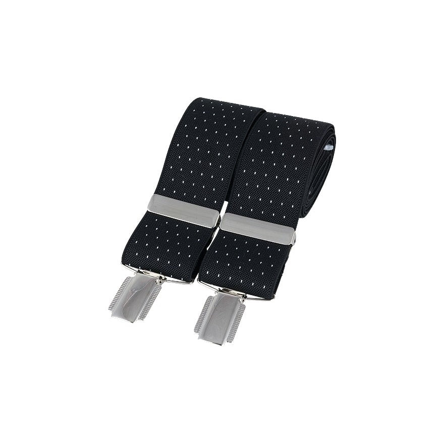 Black Pin Dot 35mm Silver Clip Braces - Leonard Silver - rolled, showing clips and adjusters