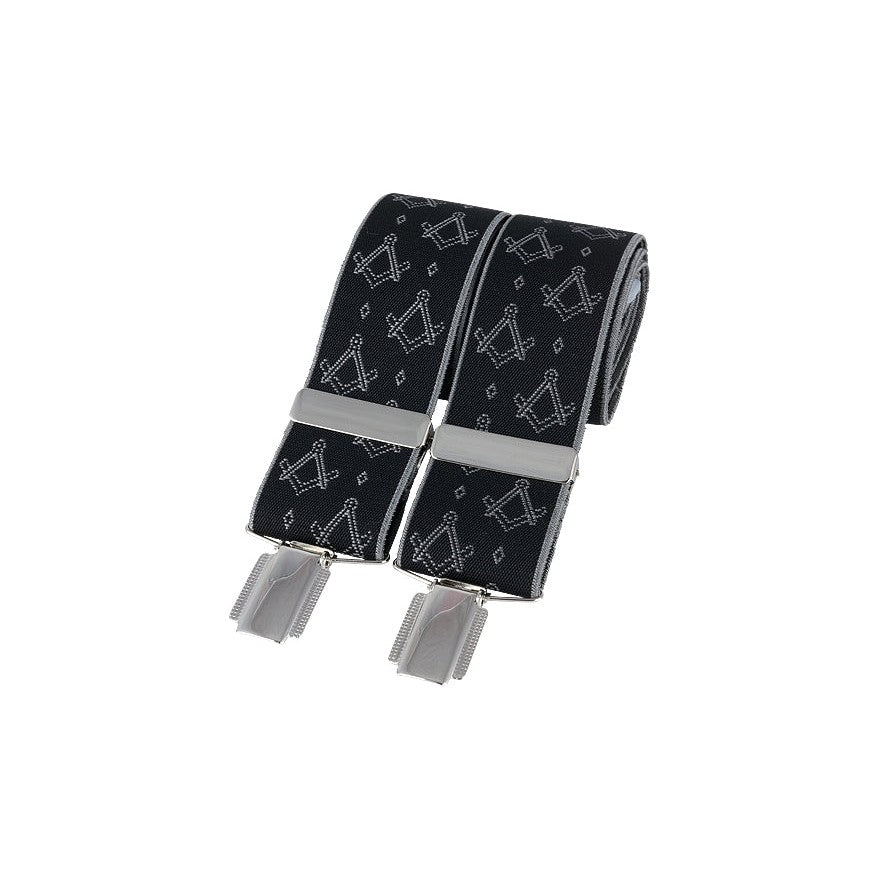 Masonic Silver on Black 35mm Clip Braces - Leonard Silver - folded, showing clips and pattern