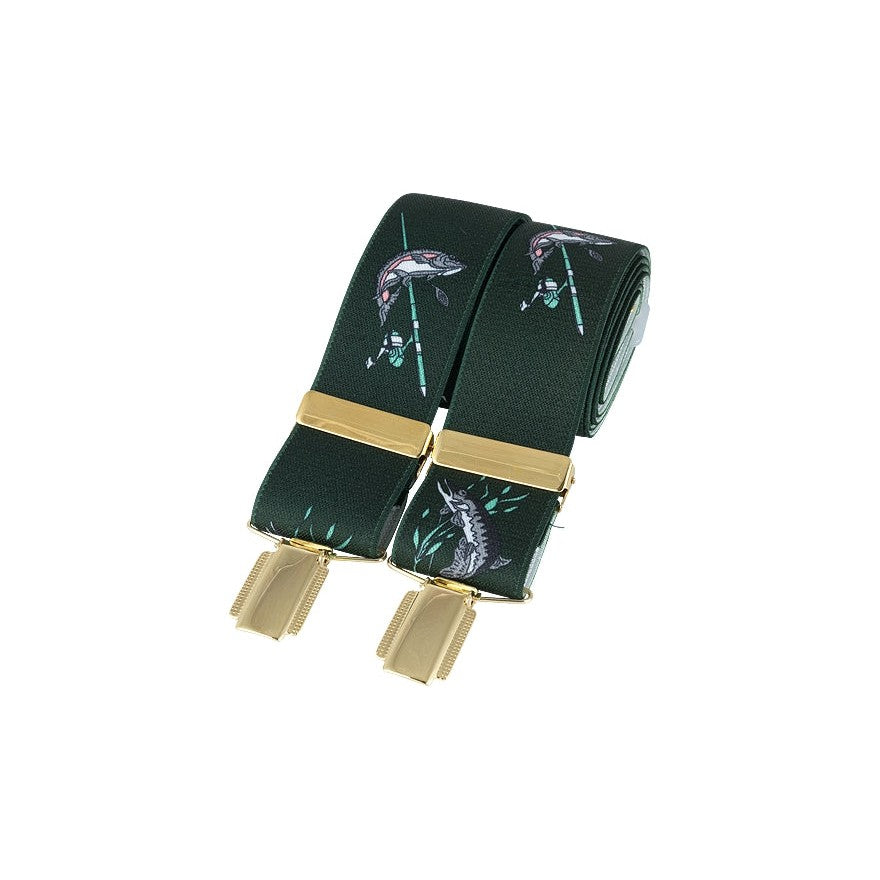 Green Fishing Motif 35mm Gold Clip Braces - Leonard Silver - rolled, showing clips and printed straps