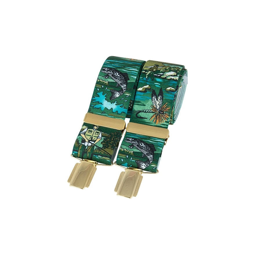 Green Angling Print 35mm Gold Clip Braces - Leonard Silver - rolled, showing trout and fly print with gold clips