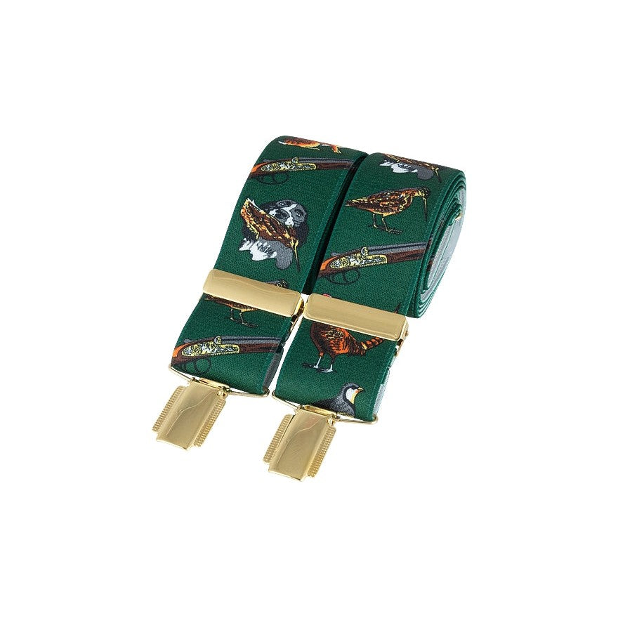 Green Country Print 35mm Gold Clip Braces - Leonard Silver - rolled, showing gold clips