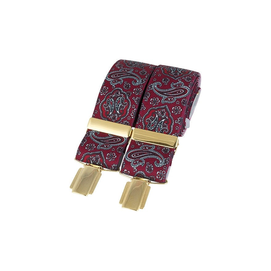 Burgundy Paisley 35mm Gold Clip Braces - Leonard Silver - front view of straps and gold clips