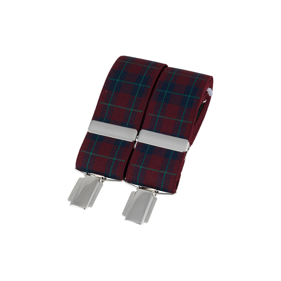Burgundy Navy Tartan 35mm Silver Clip Braces - Leonard Silver - angled view showing clips