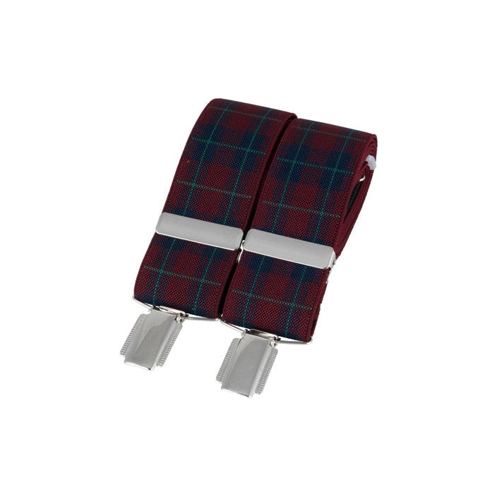 Burgundy Navy Tartan 35mm Silver Clip Braces - Leonard Silver - folded