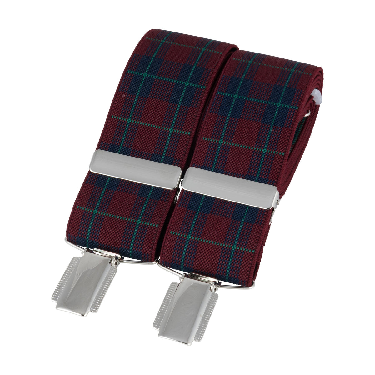 Burgundy Navy Tartan 35mm Silver Clip Braces - Leonard Silver - detail of tartan web and adjusters