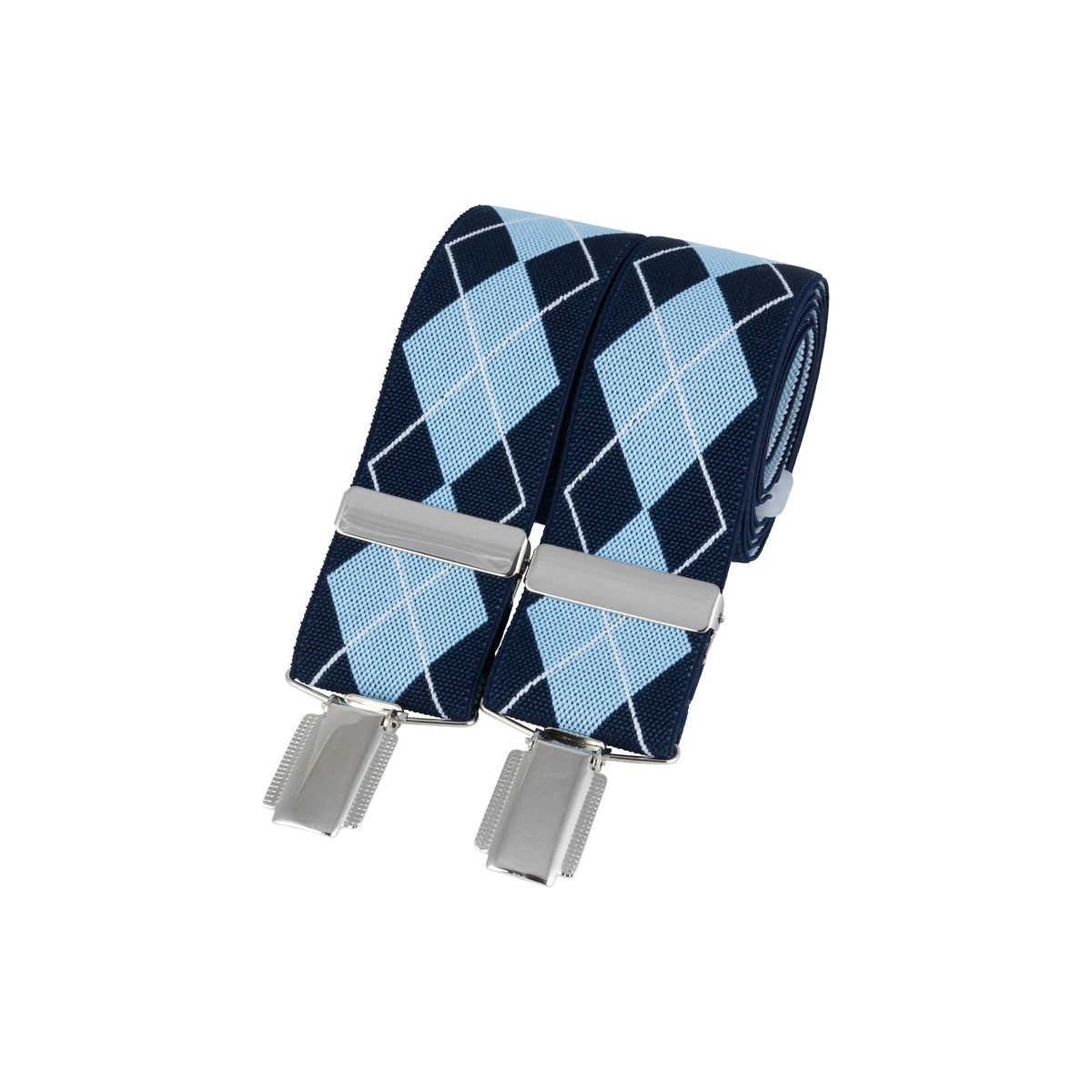 Navy & Sky Blue Diamond 35mm Clip Braces - Leonard Silver - front view with clips