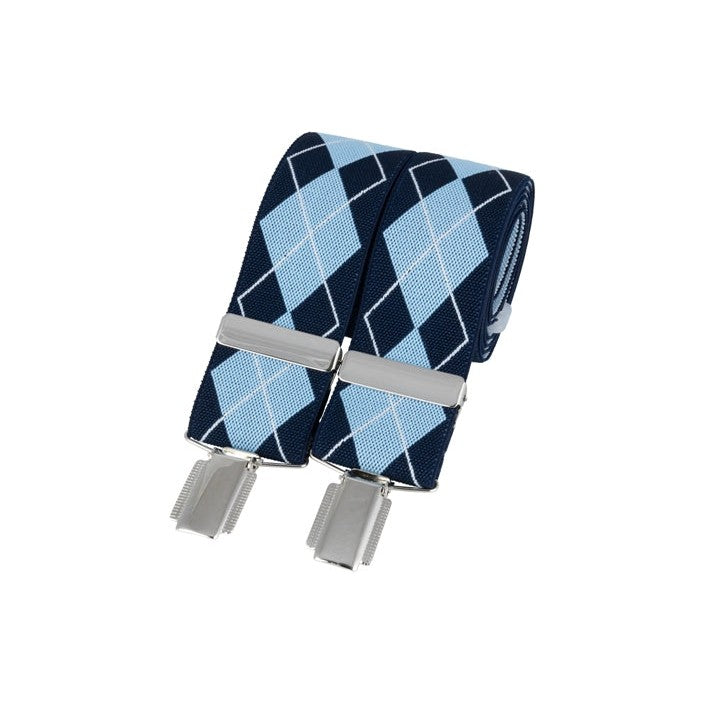 Navy & Sky Blue Diamond 35mm Clip Braces - Leonard Silver - rolled