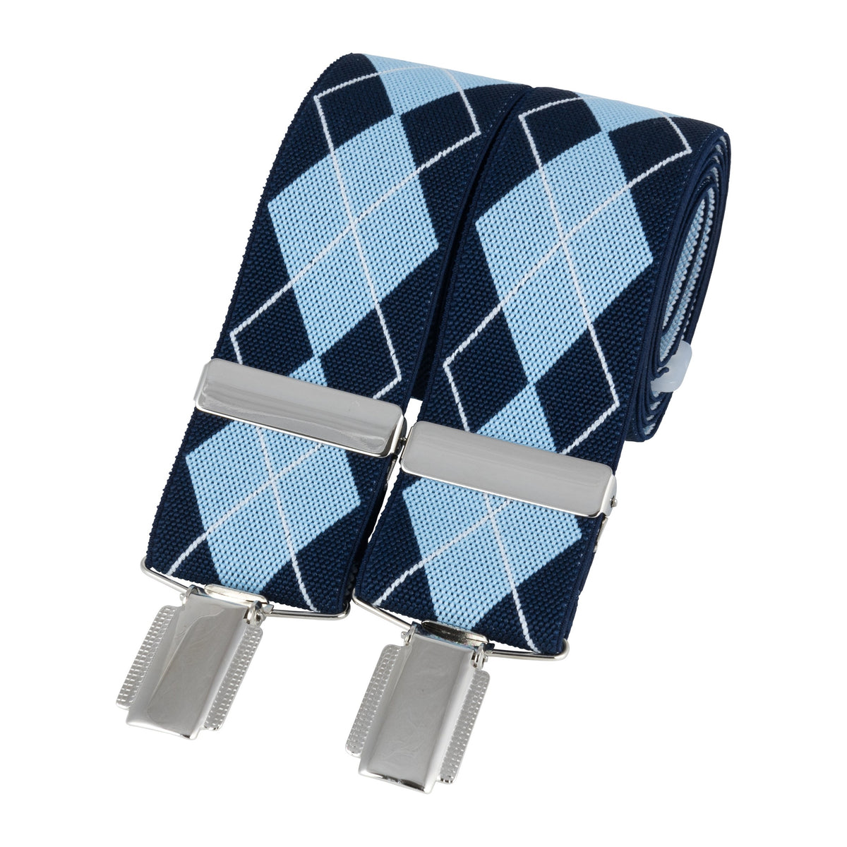 Navy & Sky Blue Diamond 35mm Clip Braces - Leonard Silver - detail of diamond pattern and clips