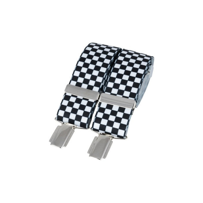 Black & White Check 35mm Silver Clip Braces - Leonard Silver - rolled, showing clips and sliders