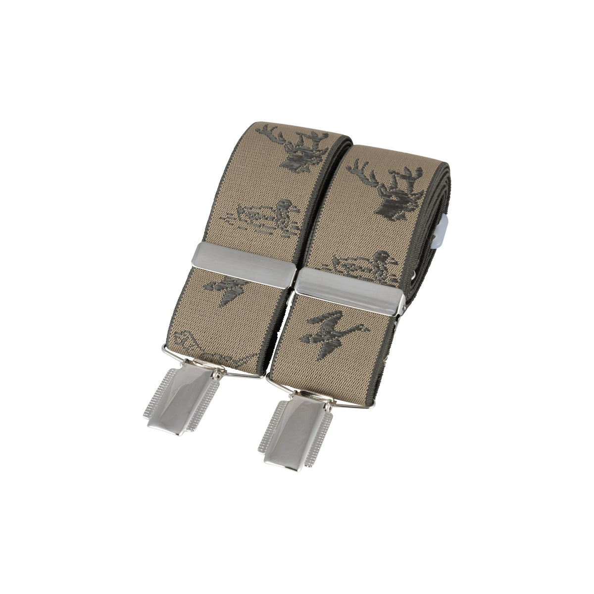 Natural Stag Country 35mm Silver Clip Braces - Leonard Silver, full view with clips