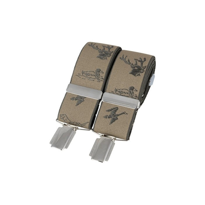 Natural Stag Country 35mm Silver Clip Braces - Leonard Silver, folded showing woven motifs
