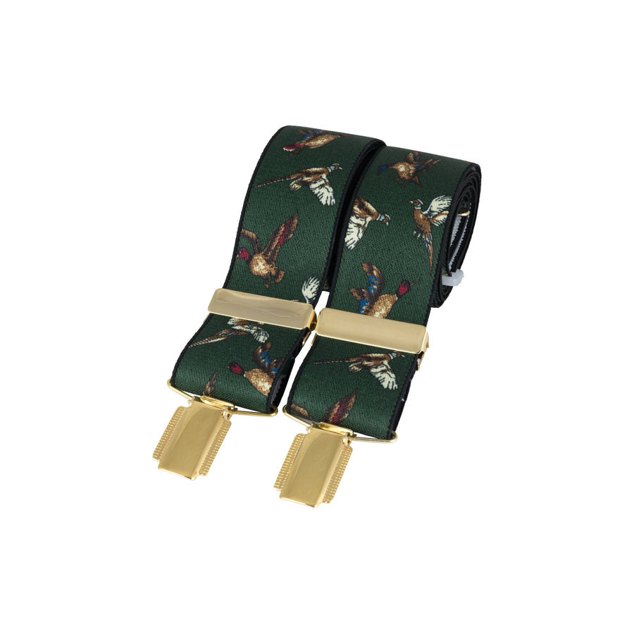 Green Flying Game Birds 35mm Gold Clip Braces - Leonard Silver - angled view