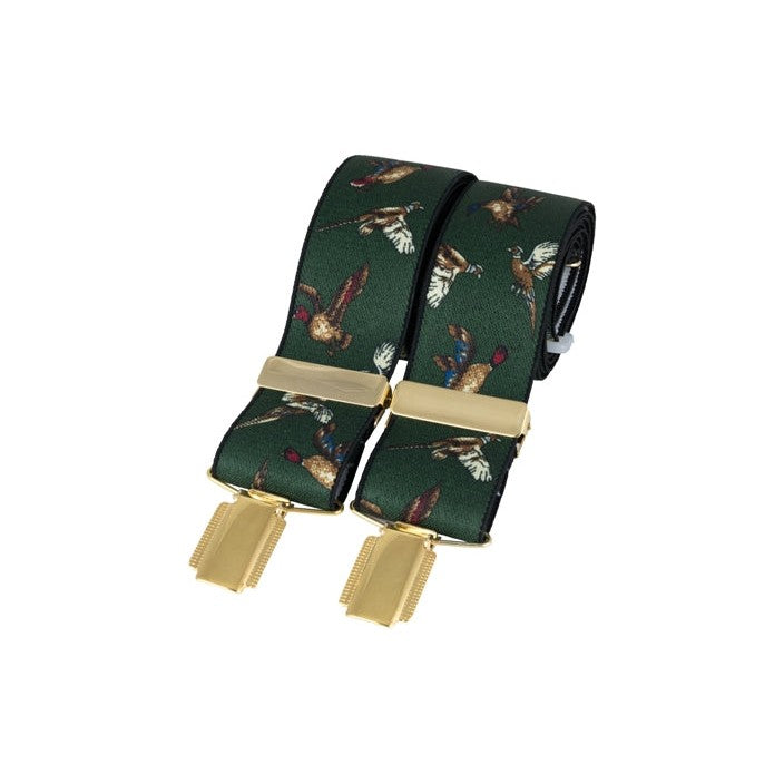 Green Flying Game Birds 35mm Gold Clip Braces - Leonard Silver - full braces