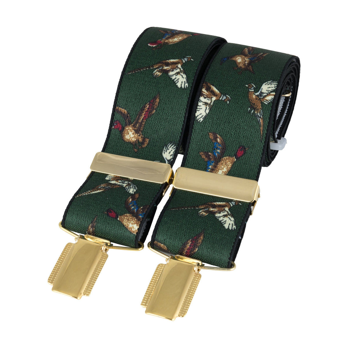 Green Flying Game Birds 35mm Gold Clip Braces - Leonard Silver - clip detail