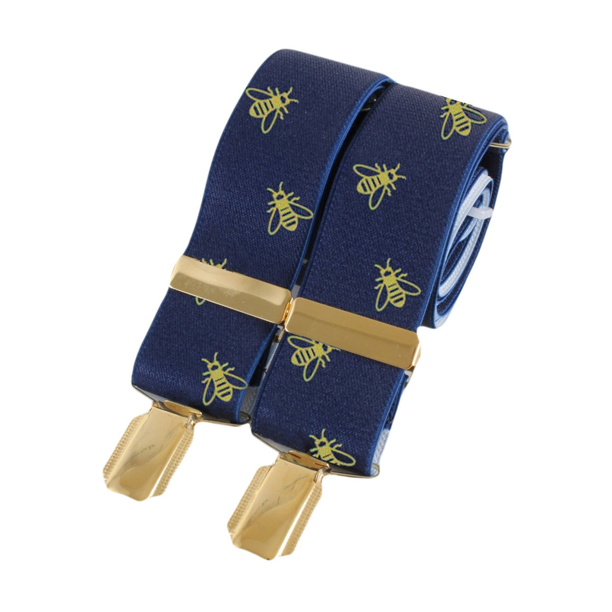 Bee Navy 35mm Gold Clip Braces - Leonard Silver - rolled, showing gold clips