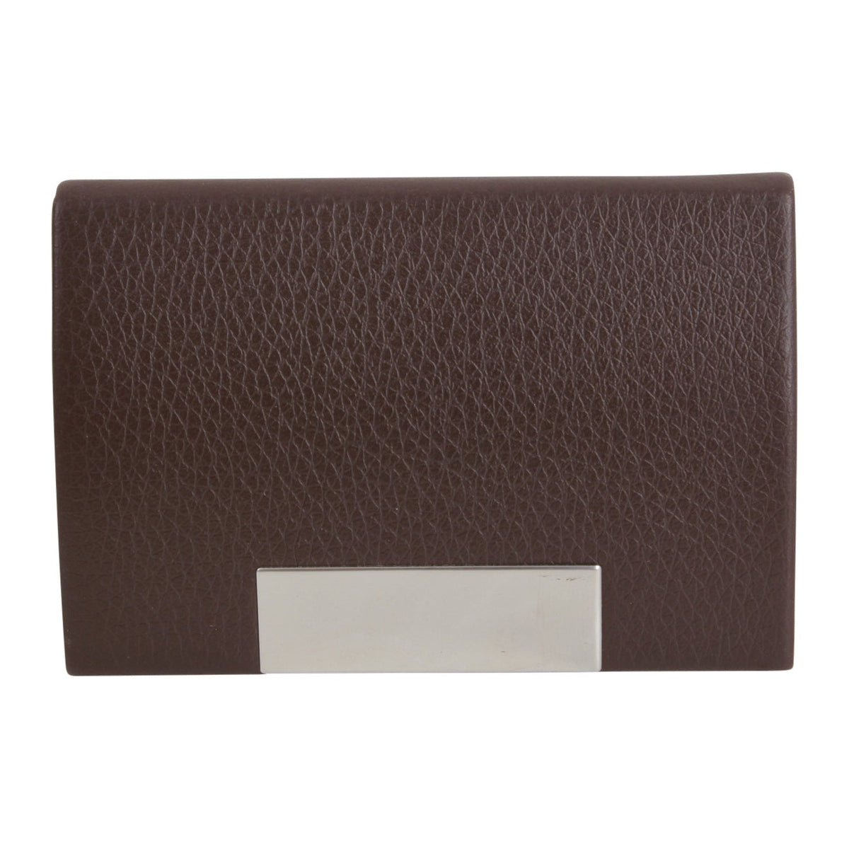 Brown Leatherette Business Card Case - Leonard Silver - front