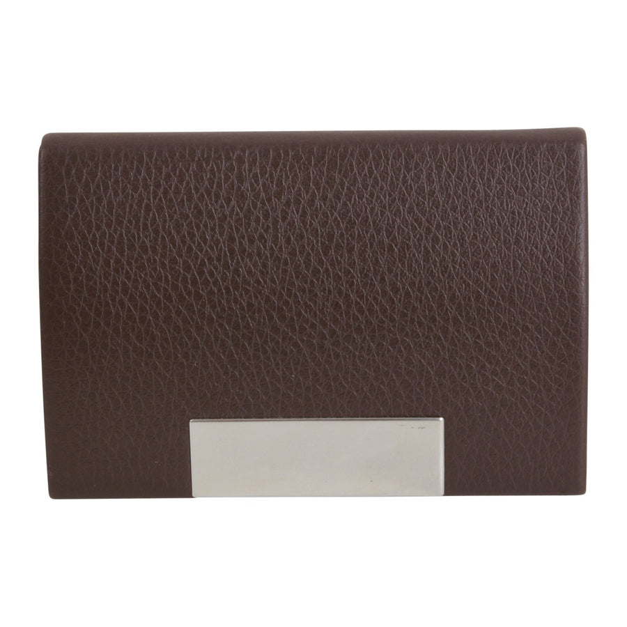 Brown Leatherette Business Card Case - Leonard Silver - front