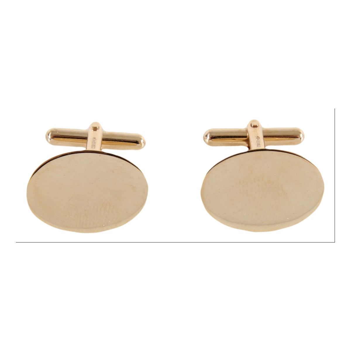 9ct Gold Plain Oval Cufflinks - Leonard Silver - pair shown front with bar fastenings